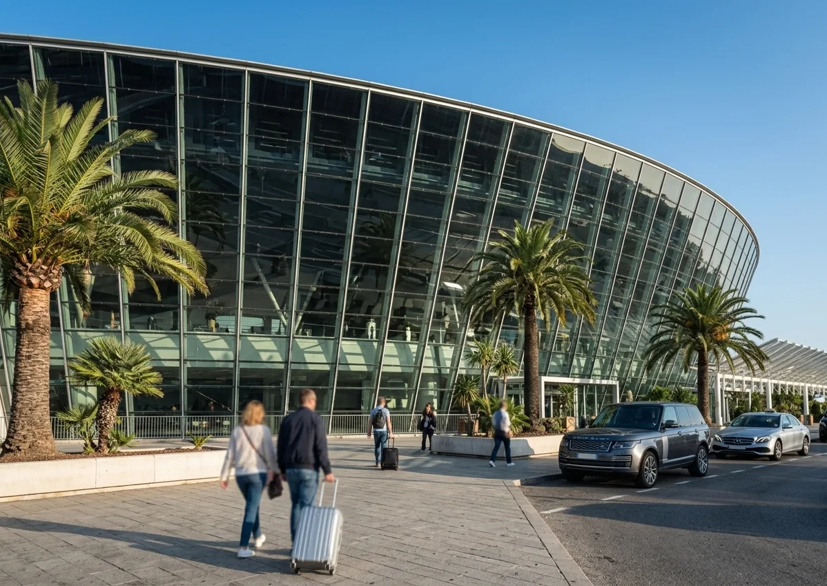 The terminal at Nice Côte d’Azur Airport, with palm trees and travellers with their suitcases, under a blue sky