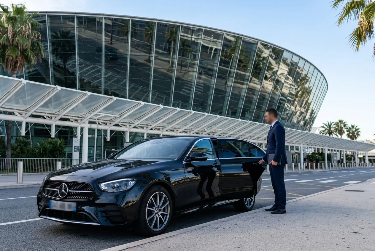 Une Mercedes Classe E et son chauffeur devant l'aérogare de l'aéroport de Nice