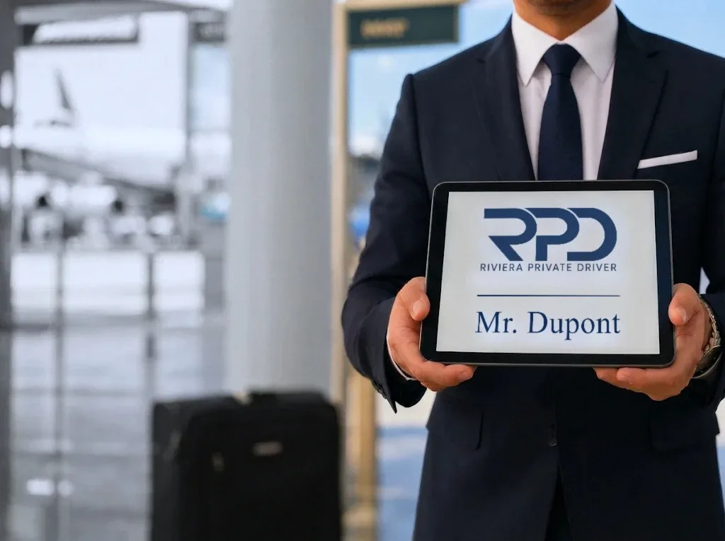 Chauffeur en costume tenant une pancarte au nom du client