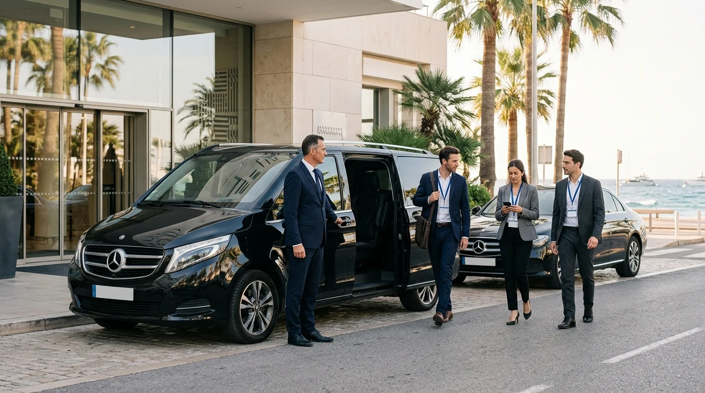 Chauffeur by a Mercedes V-Class as a team with conference badges arrives at a seafront convention centre in Cannes