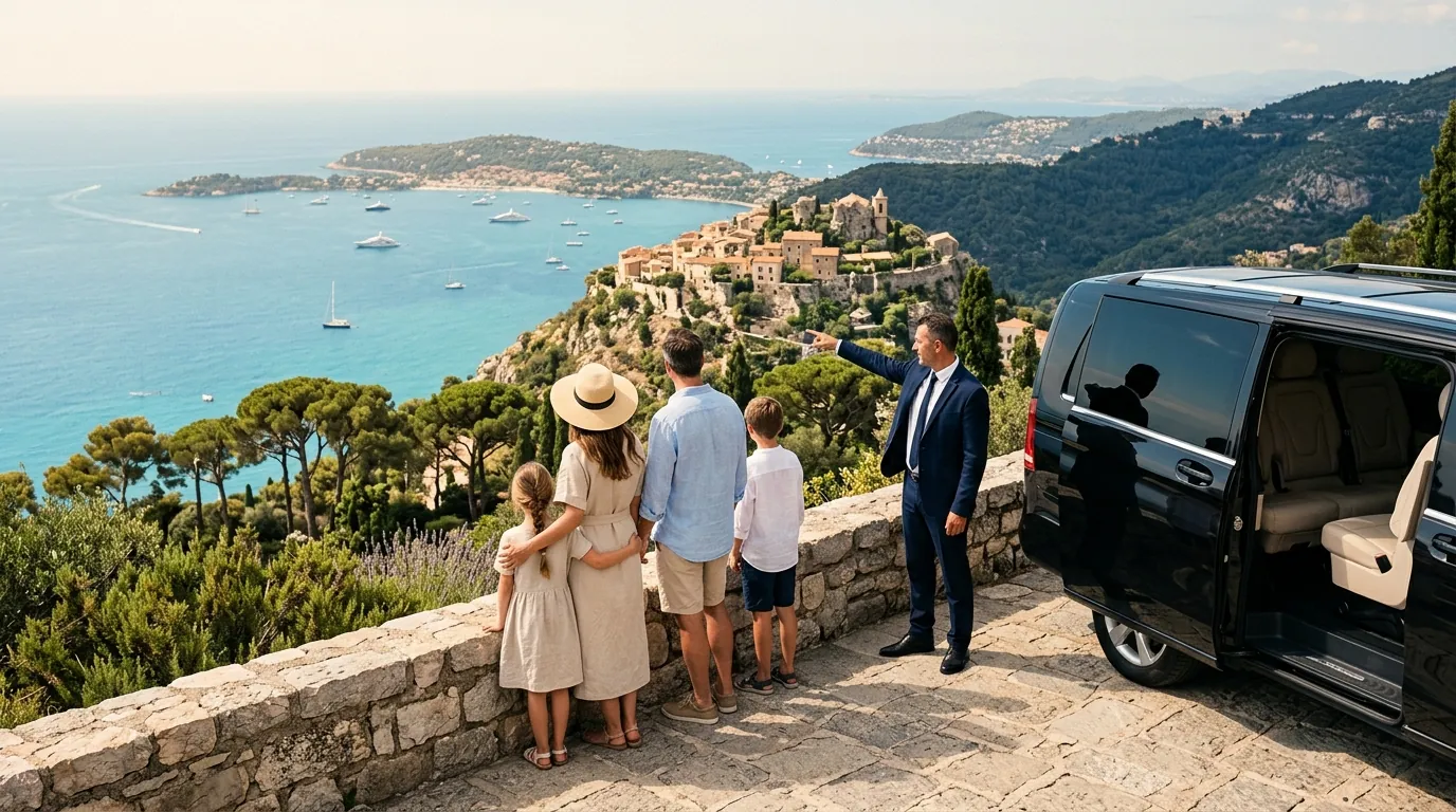 Famille admirant Èze et le cap Ferrat depuis la Grande Corniche, près d’une Mercedes Classe V et de son chauffeur