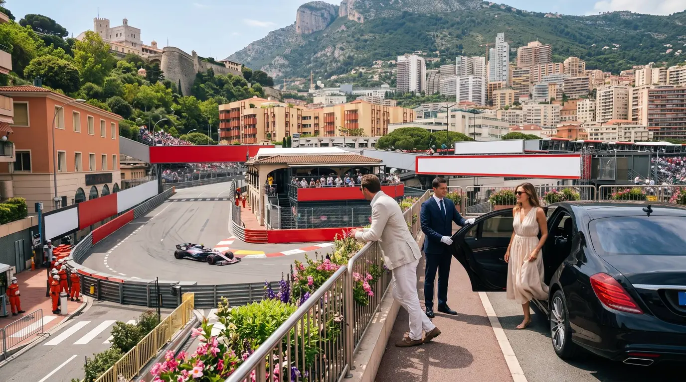Un couple descend d’une Mercedes devant la balustrade fleurie qui domine le circuit de Monaco, un week-end de Grand Prix