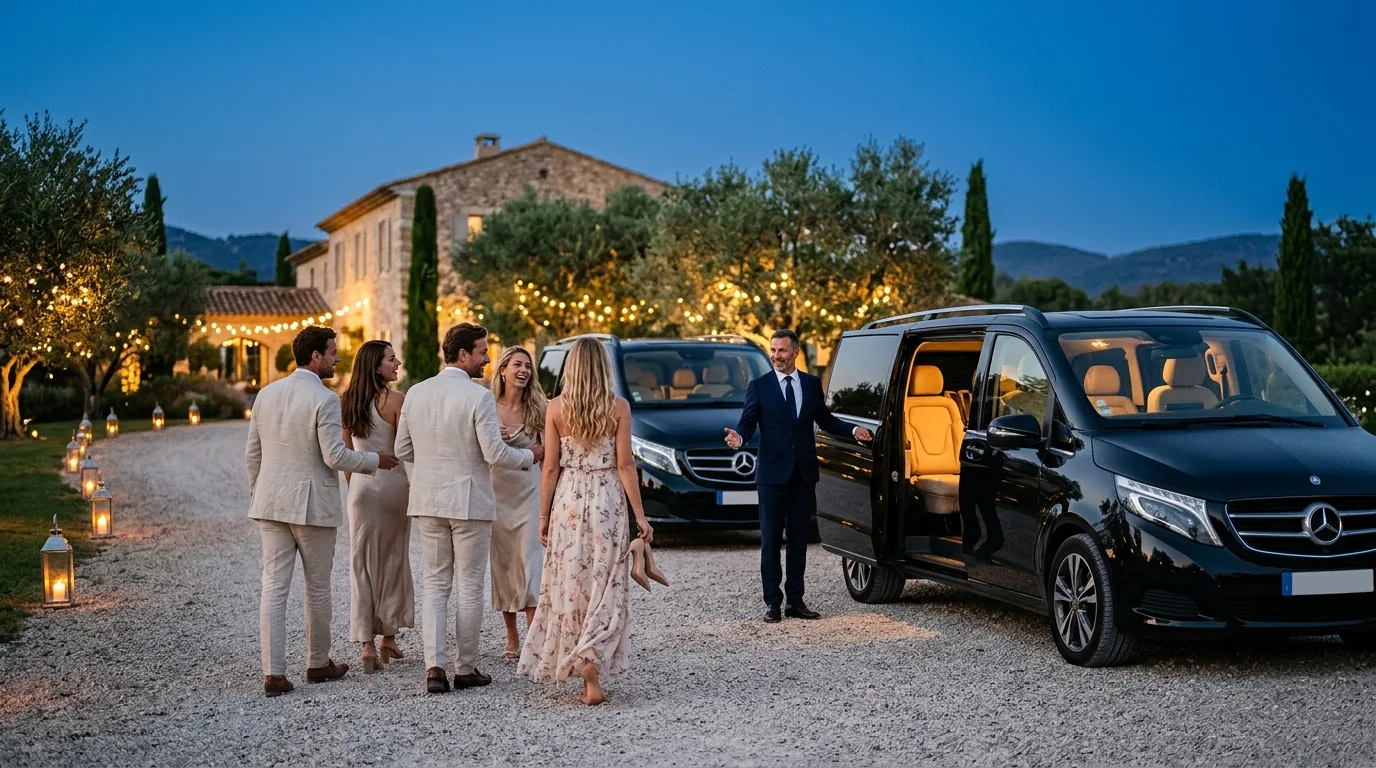 Wedding guests heading to two Mercedes V-Class vans outside a lantern-lit Provençal villa at dusk