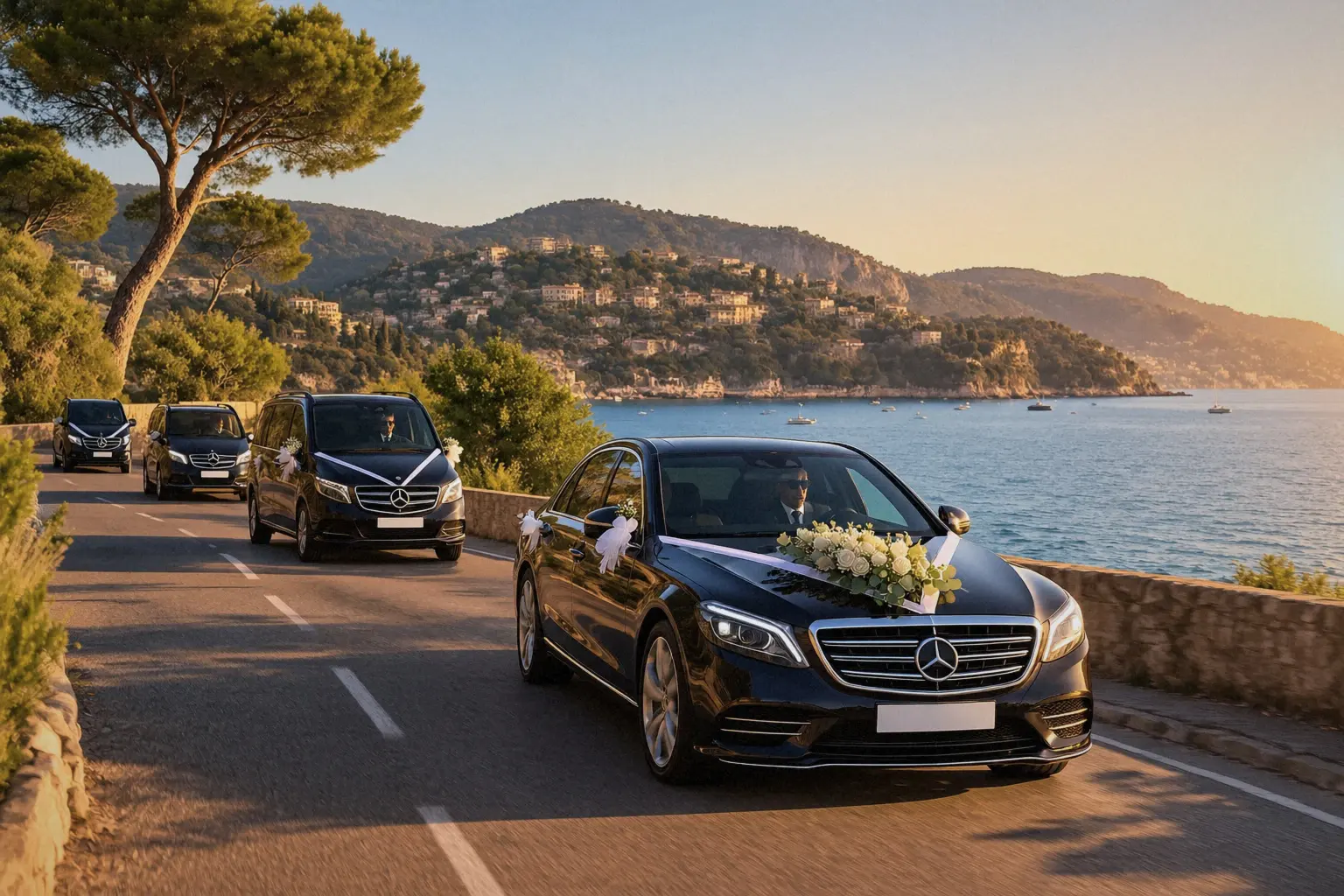 Mercedes décorée de fleurs pour un mariage, sur la route du bord de mer