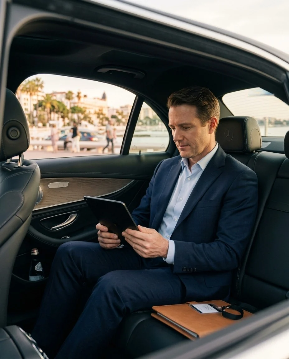Business passenger in the back of a Mercedes