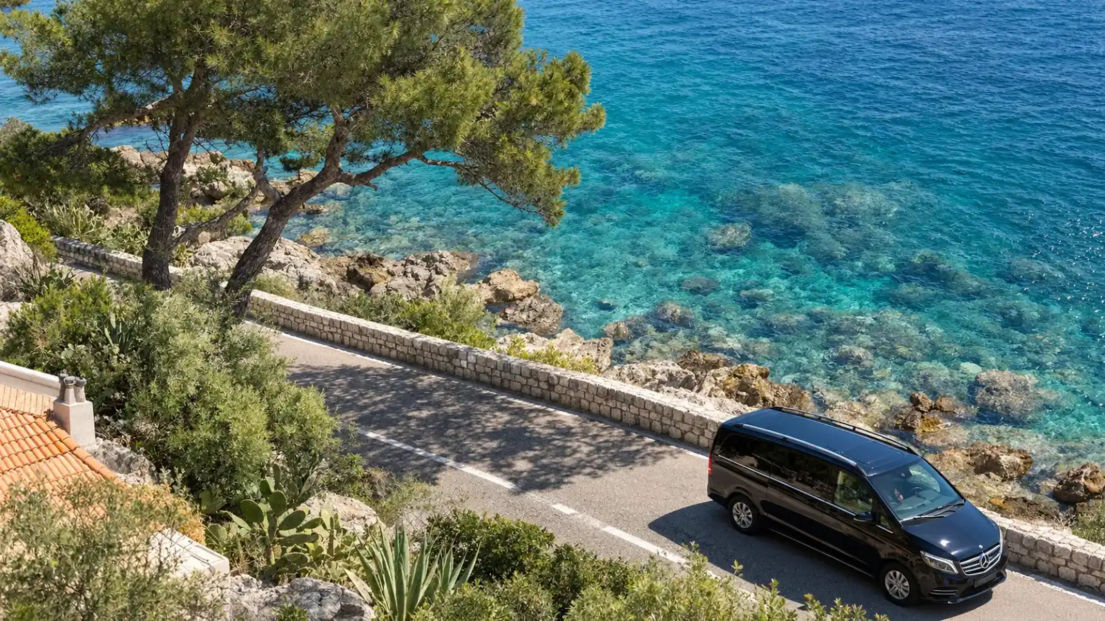 Mercedes Classe V sur une route en bord de mer turquoise, sous les pins de la Côte d'Azur